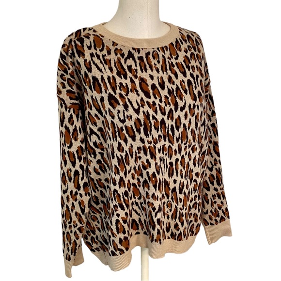 H&M LEOPARD PRINT SWEATER BACK ZIP CREWNECK SOFT SWEATER RIBBED CUFFS MEDIUM - Picture 3 of 14